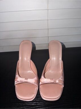 MOTF Pink Satin Slide Mules with Bow Accent